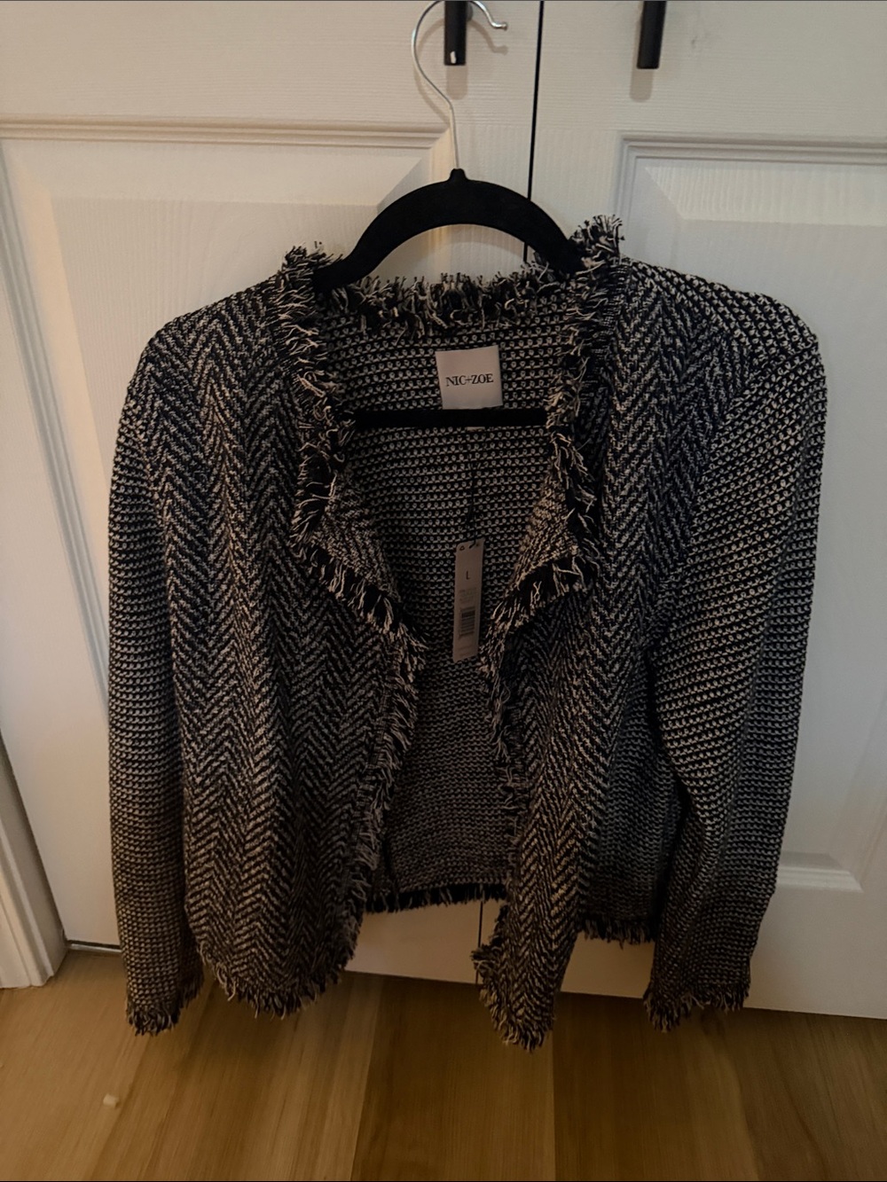 NIC+ZOE Black and White Fringed Open cardigan